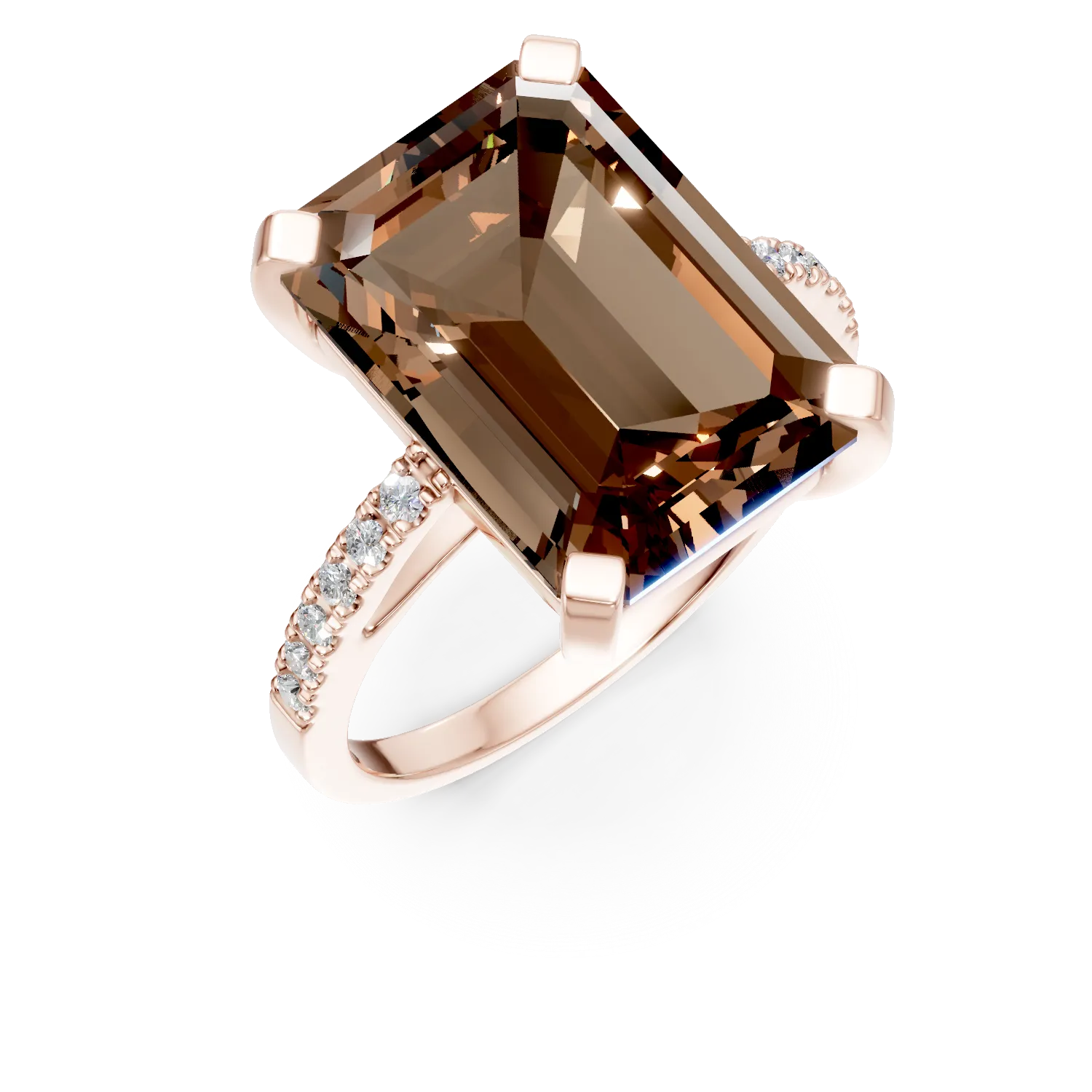 Inel din aur roz cu un cuart fumuriu octogonal de 5.5ct si diamante de 0.1ct 1 Inel din aur roz cu un cuart fumuriu octogonal de 5.5ct si diamante de 0.1ct
