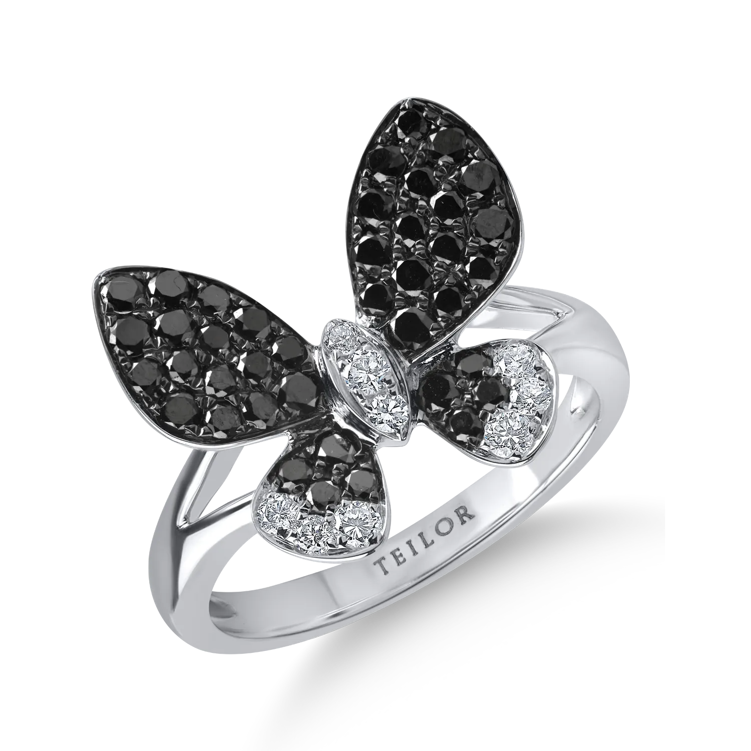 Inel fluture din aur alb-negru cu diamante incolore de 0.16ct si diamante negre de 0.68ct