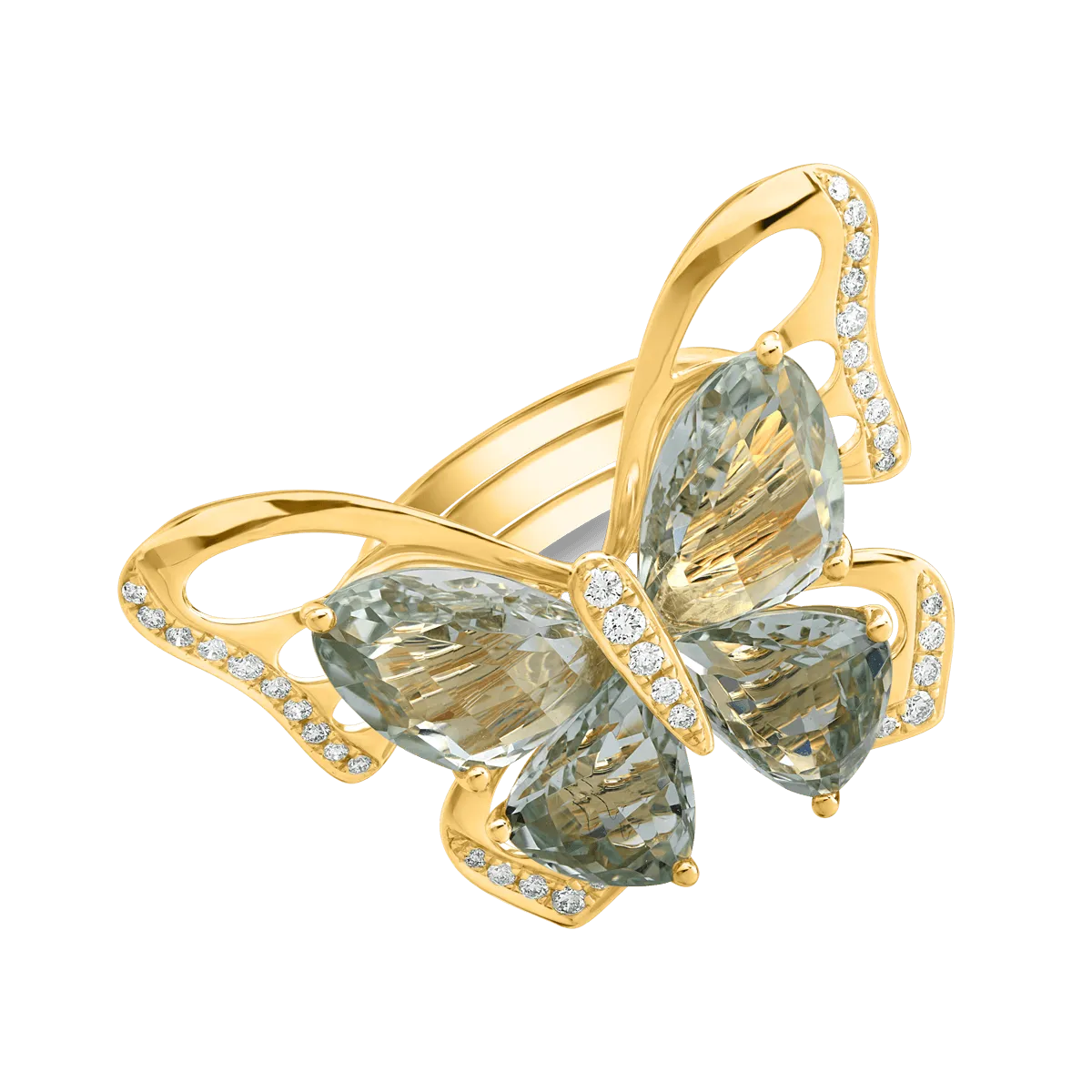 Inel fluture din aur galben cu ametiste verzi de 11.5ct si diamante de 0.38ct 1 Inel fluture din aur galben cu ametiste verzi de 11.5ct si diamante de 0.38ct