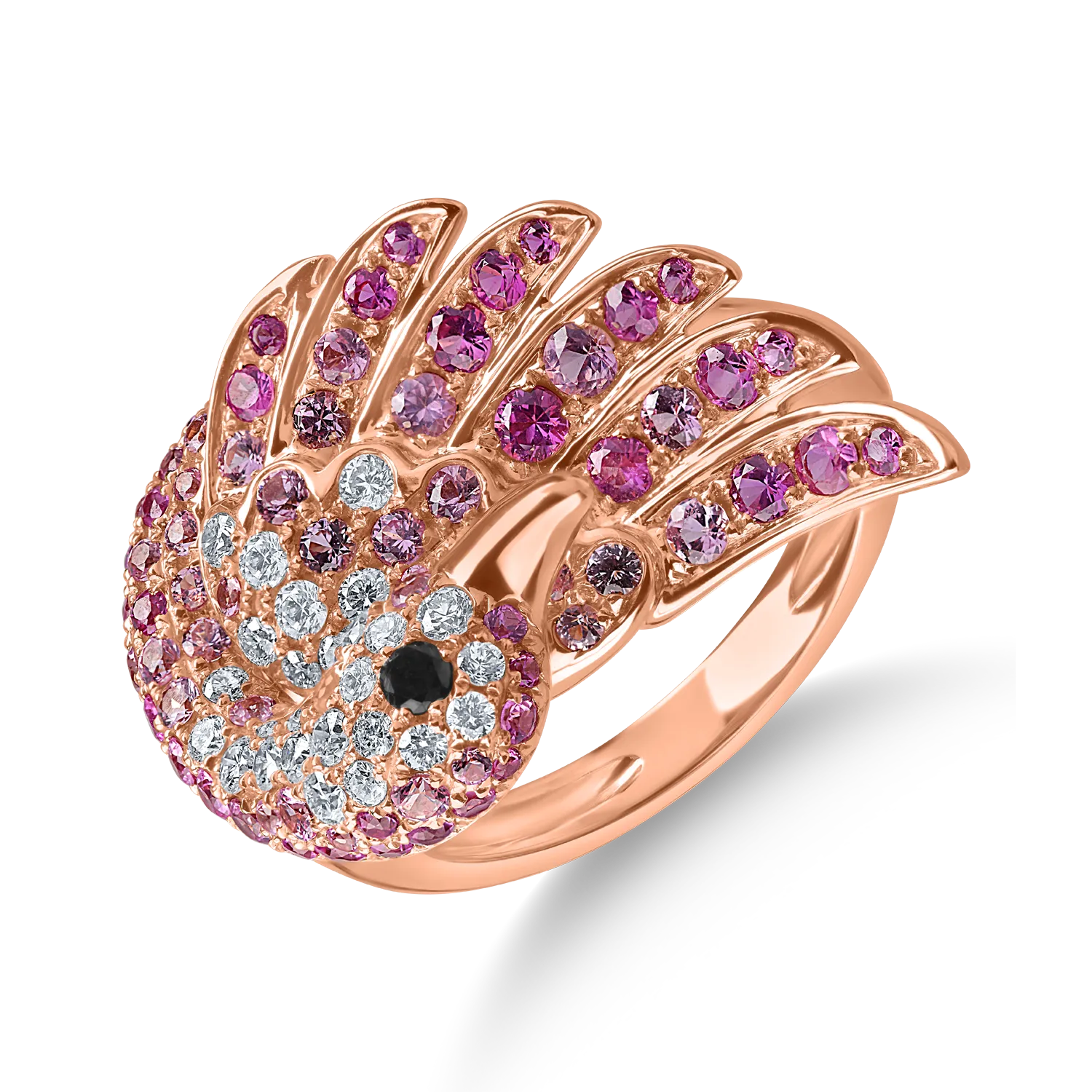 Inel lebada din aur roz cu diamante negre si incolore de 0.3ct si safire roz de 1.2ct