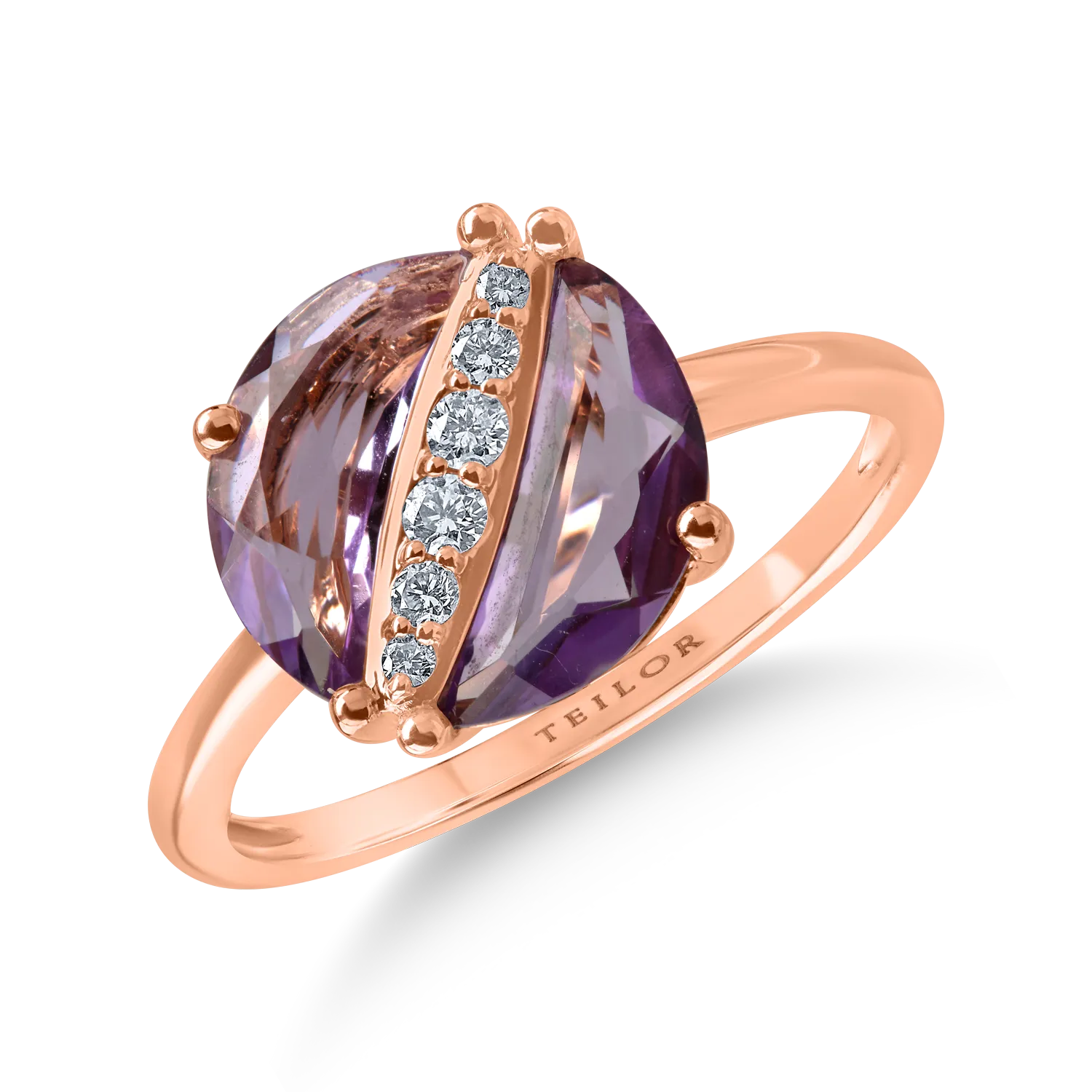 Inel rotund din aur roz cu ametiste de 1.4ct si diamante de 0.08ct 1 Inel rotund din aur roz cu ametiste de 1.4ct si diamante de 0.08ct