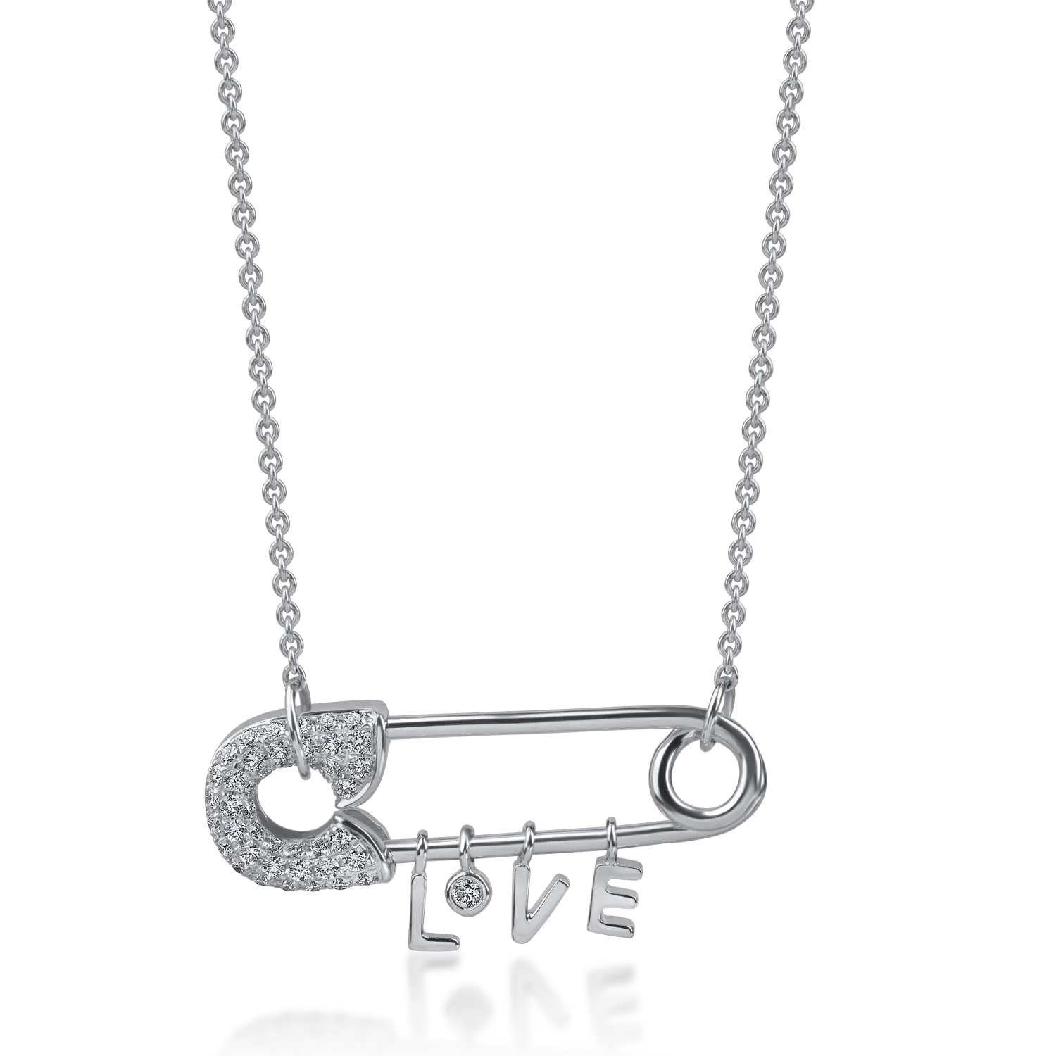 Lant cu pandantiv ac de siguranta din aur alb cu diamante de 0.3ct