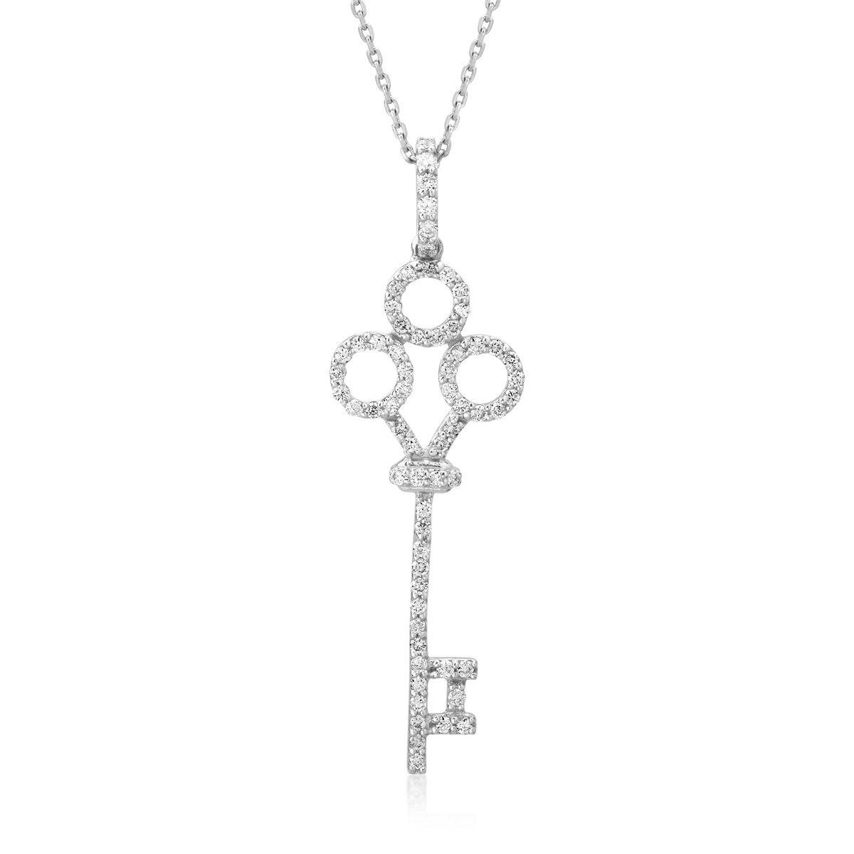 Lant cu pandantiv cheie din aur alb cu diamante de 0.18ct