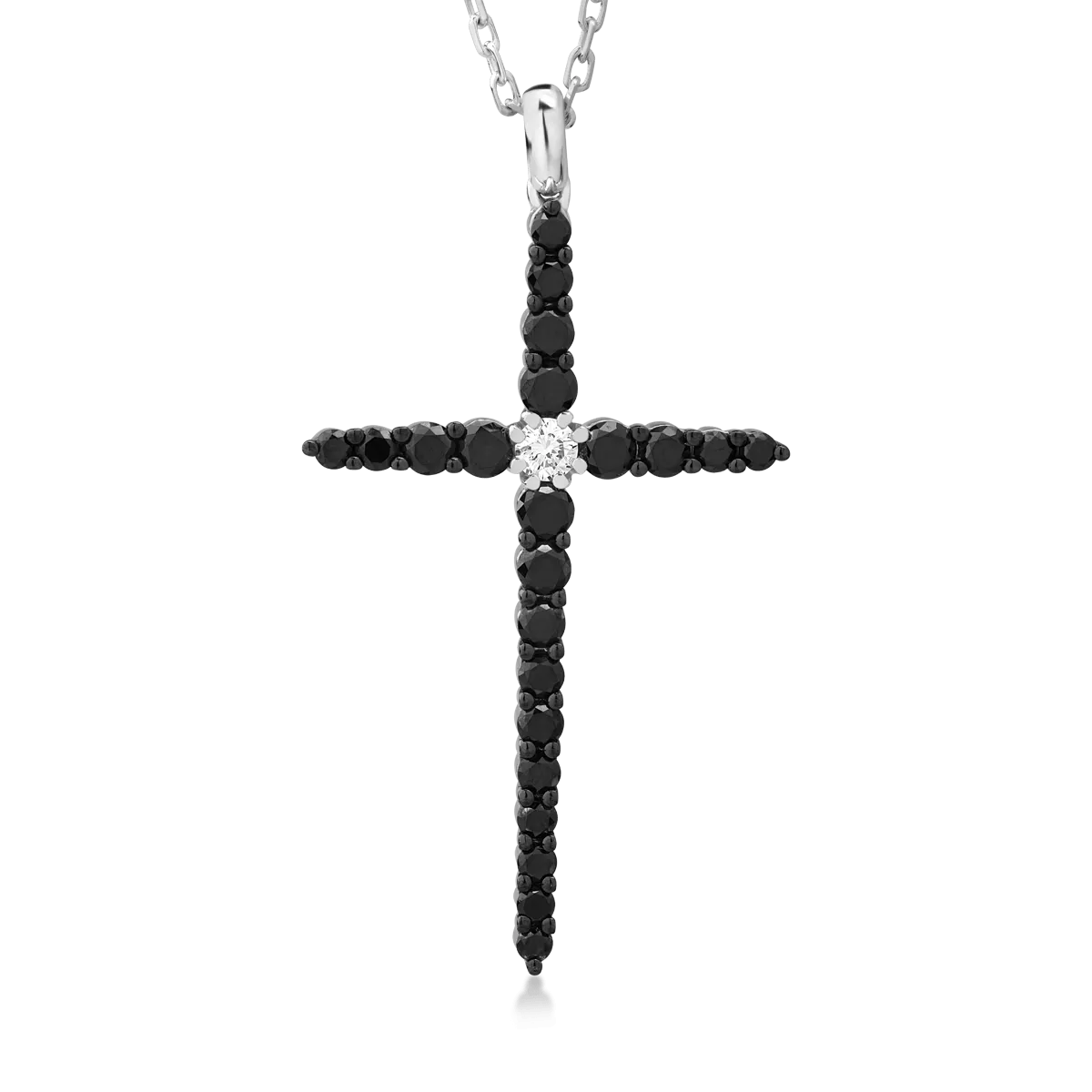 Lant cu pandantiv cruce din aur alb cu diamante negre de 1ct si un diamant alb de 0.09ct