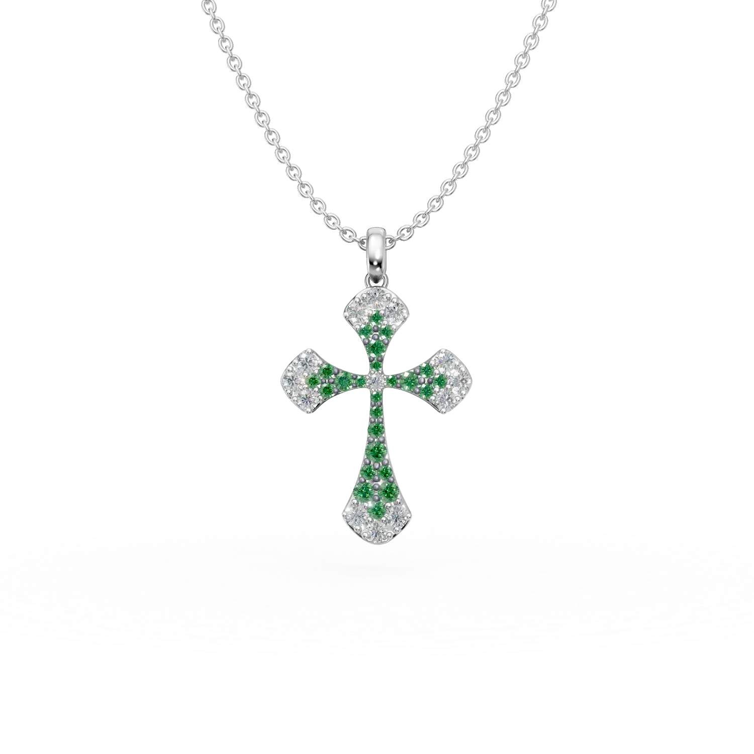 Lant cu pandantiv cruce din aur alb cu diamante de 0.42ct si smaralde de 0.31ct