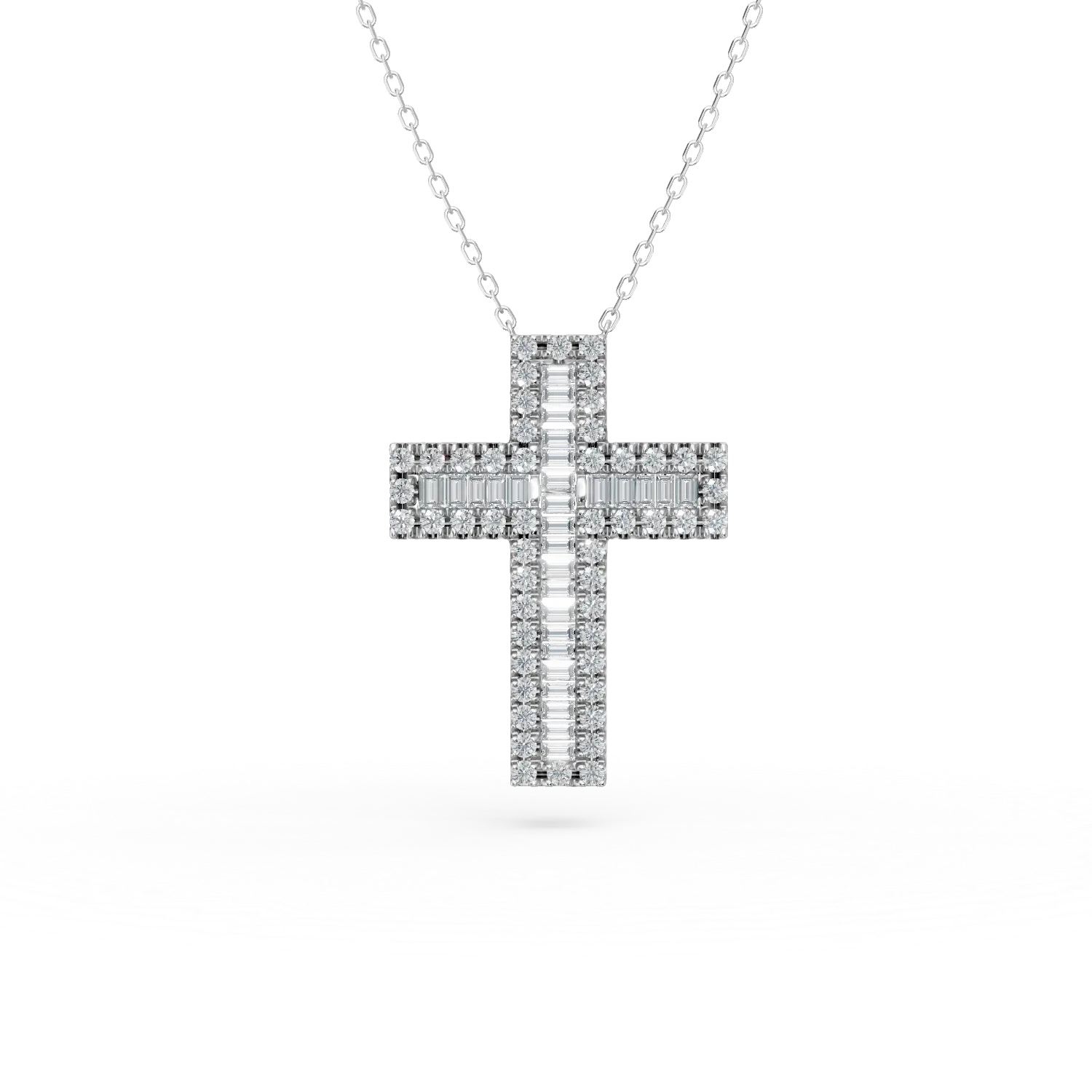 Lant cu pandantiv cruce din aur alb cu diamante baguette si rotunde de 0.4ct