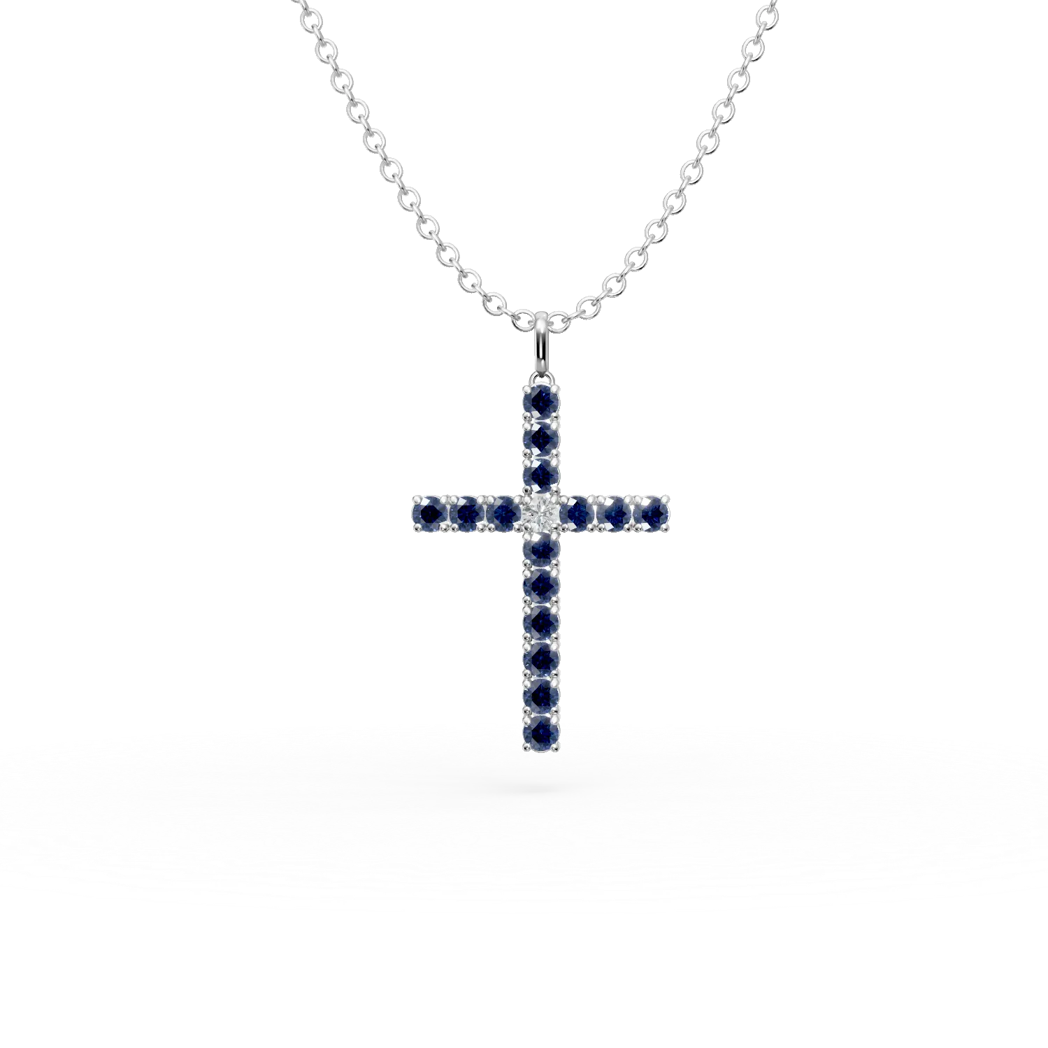 Lant cu pandantiv cruce din aur alb cu safire de 1.2ct si diamant de 0.07ct