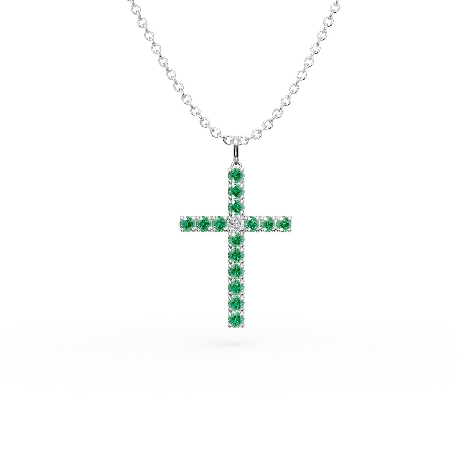 Lant cu pandantiv cruce din aur alb cu smaralde de 1.1ct si diamant de 0.07ct