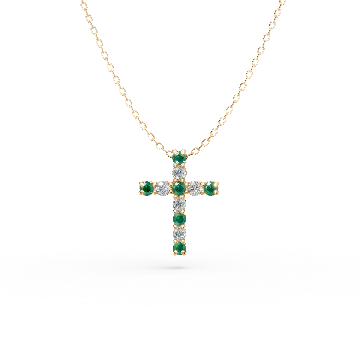 Lant cu pandantiv cruce din aur galben cu diamante de 0.1ct si smaralde de 0.1ct