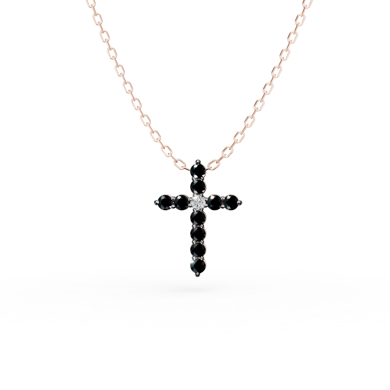 Lant cu pandantiv cruce din aur roz cu diamant incolor de 0.02ct si diamante negre de 0.2ct