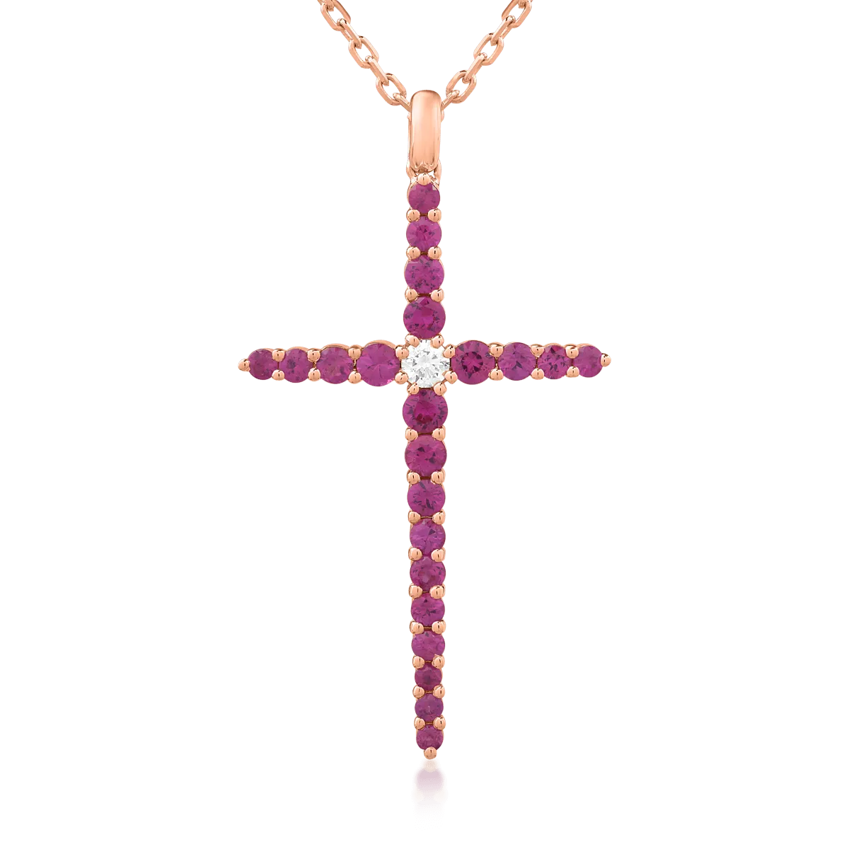 Lant cu pandantiv cruce din aur roz cu diamant de 0.09ct si rubine de 1.08ct