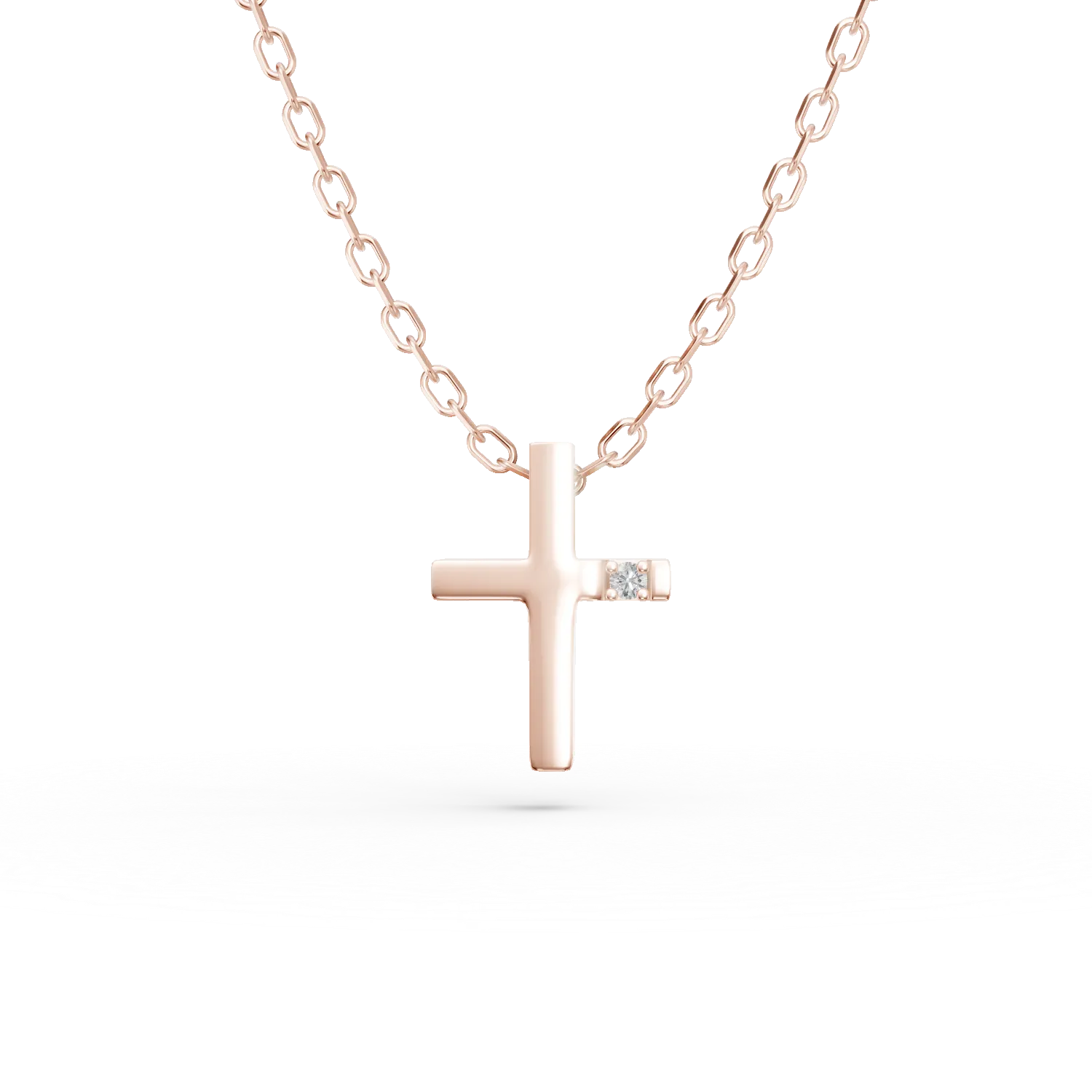 Lant cu pandantiv cruce din aur roz cu diamant de 0.01ct