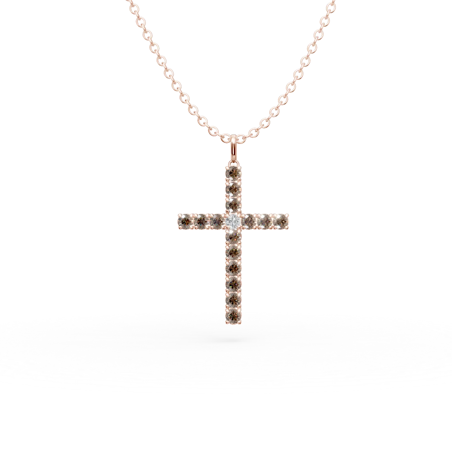 Lant cu pandantiv cruce din aur roz cu diamante de 1.2ct