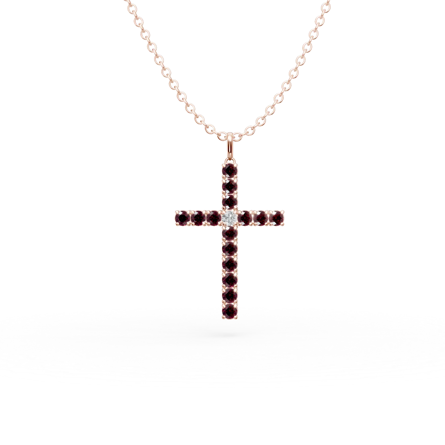 Lant cu pandantiv cruce din aur roz cu rubine de 1.3ct si diamant de 0.07ct