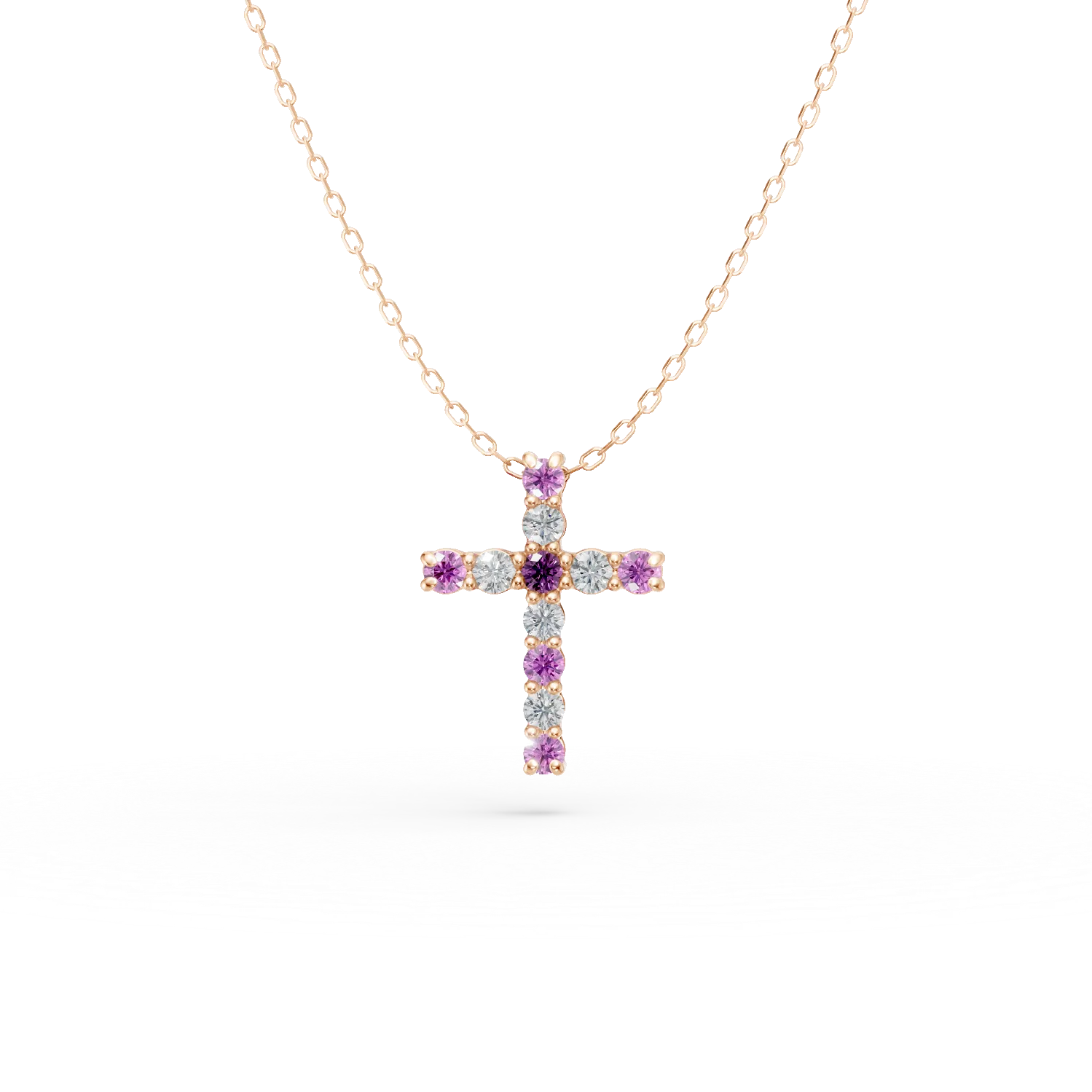 Lant cu pandantiv cruce din aur roz cu safire roz de 0.2ct si diamante de 0.1ct