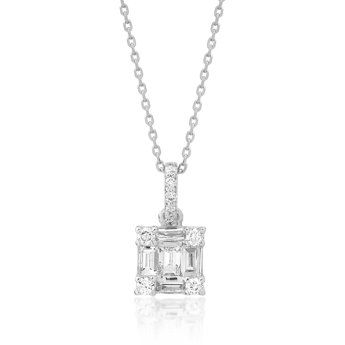 Lant cu pandantiv din aur alb cu diamante baguette si rotunde de 0.15ct 1 Lant cu pandantiv din aur alb cu diamante baguette si rotunde de 0.15ct