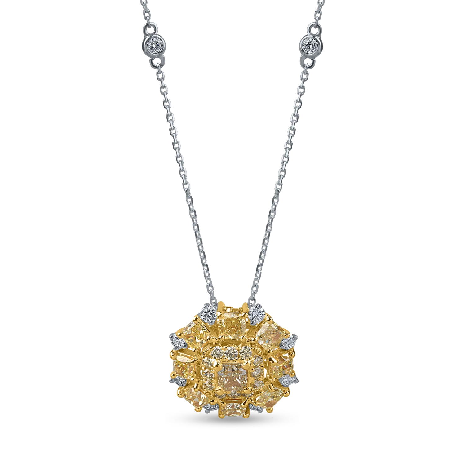 Lant cu pandantiv din aur alb-galben cu diamante galbene cushion si rotunde si diamante incolore de 3ct