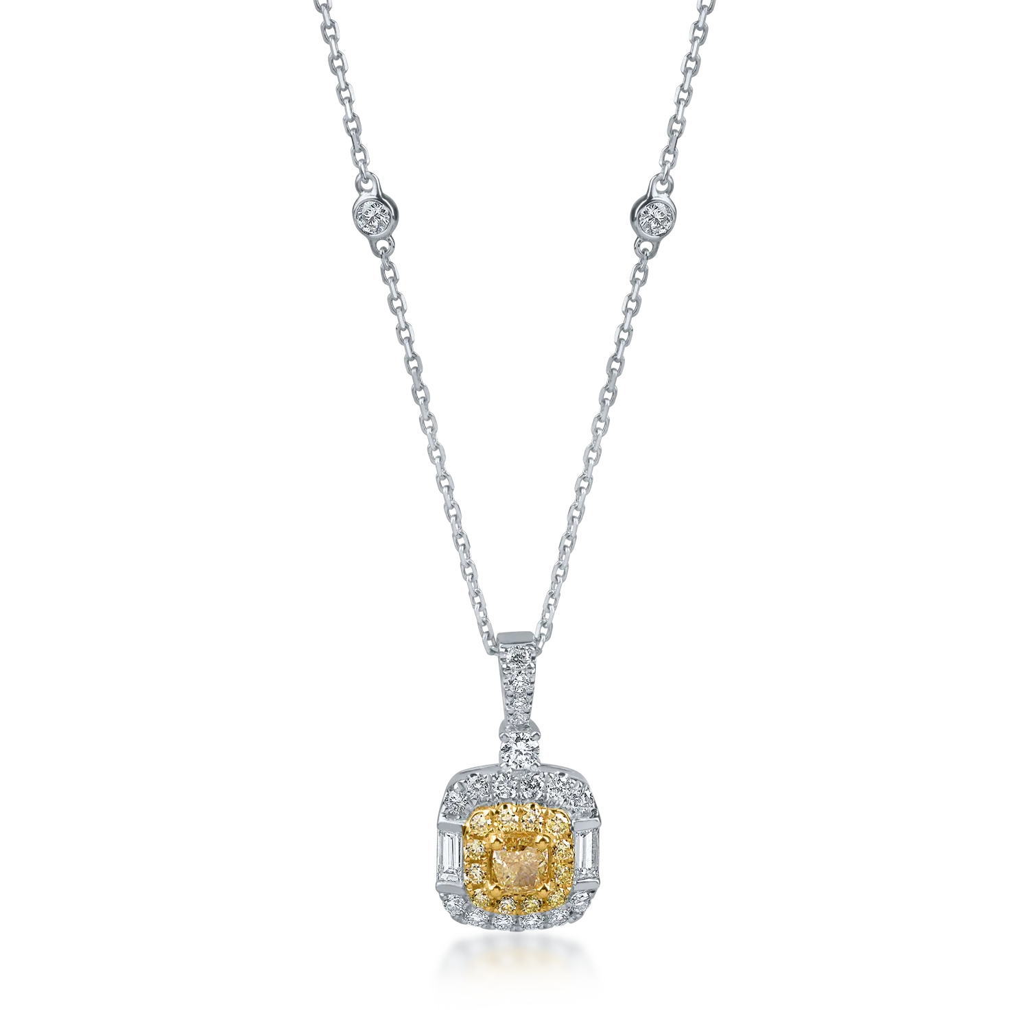 Lant cu pandantiv din aur alb-galben cu diamante galbene si incolore de 0.85ct