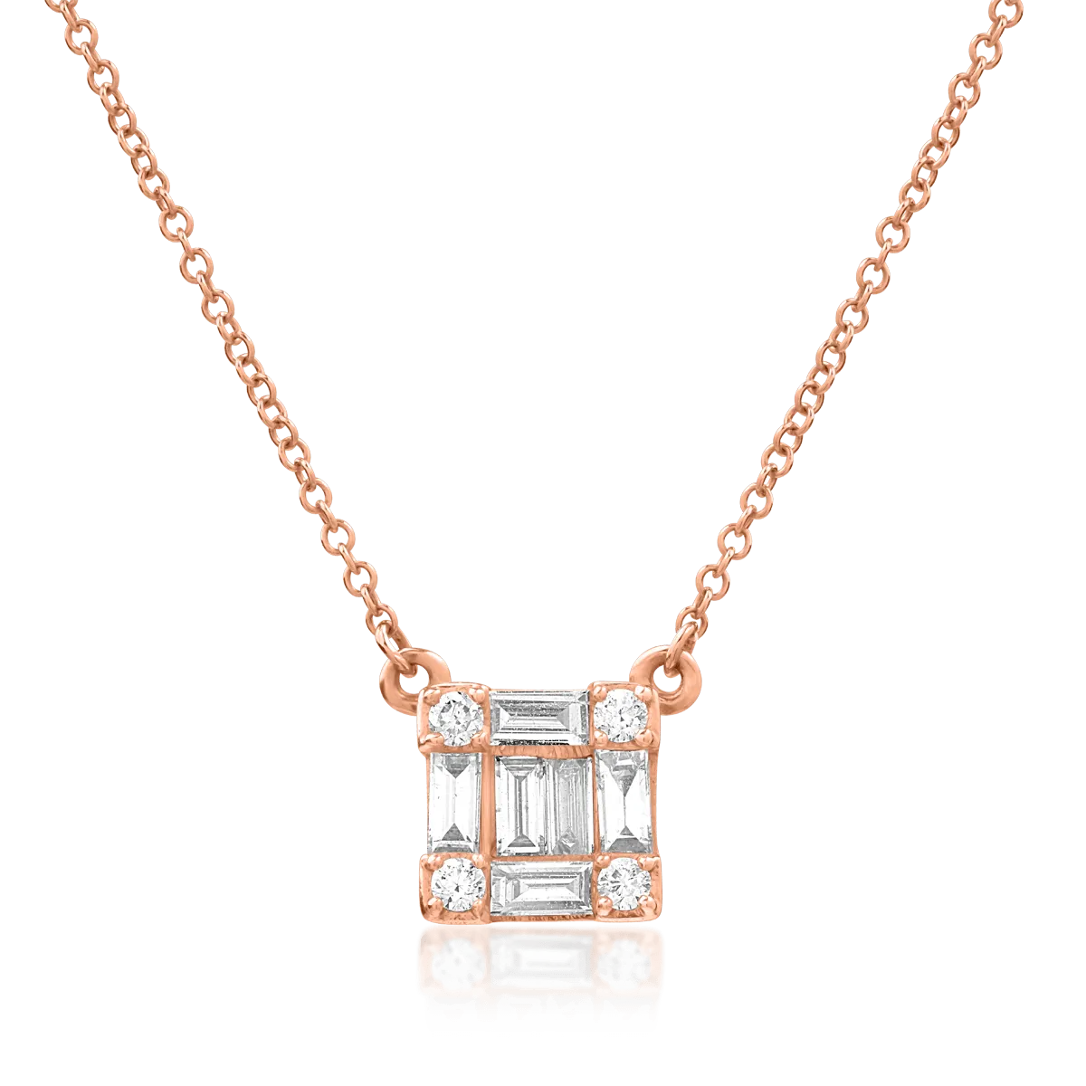 Lant cu pandantiv din aur roz cu diamante baguette si rotunde de 0.268ct 1 Lant cu pandantiv din aur roz cu diamante baguette si rotunde de 0.268ct