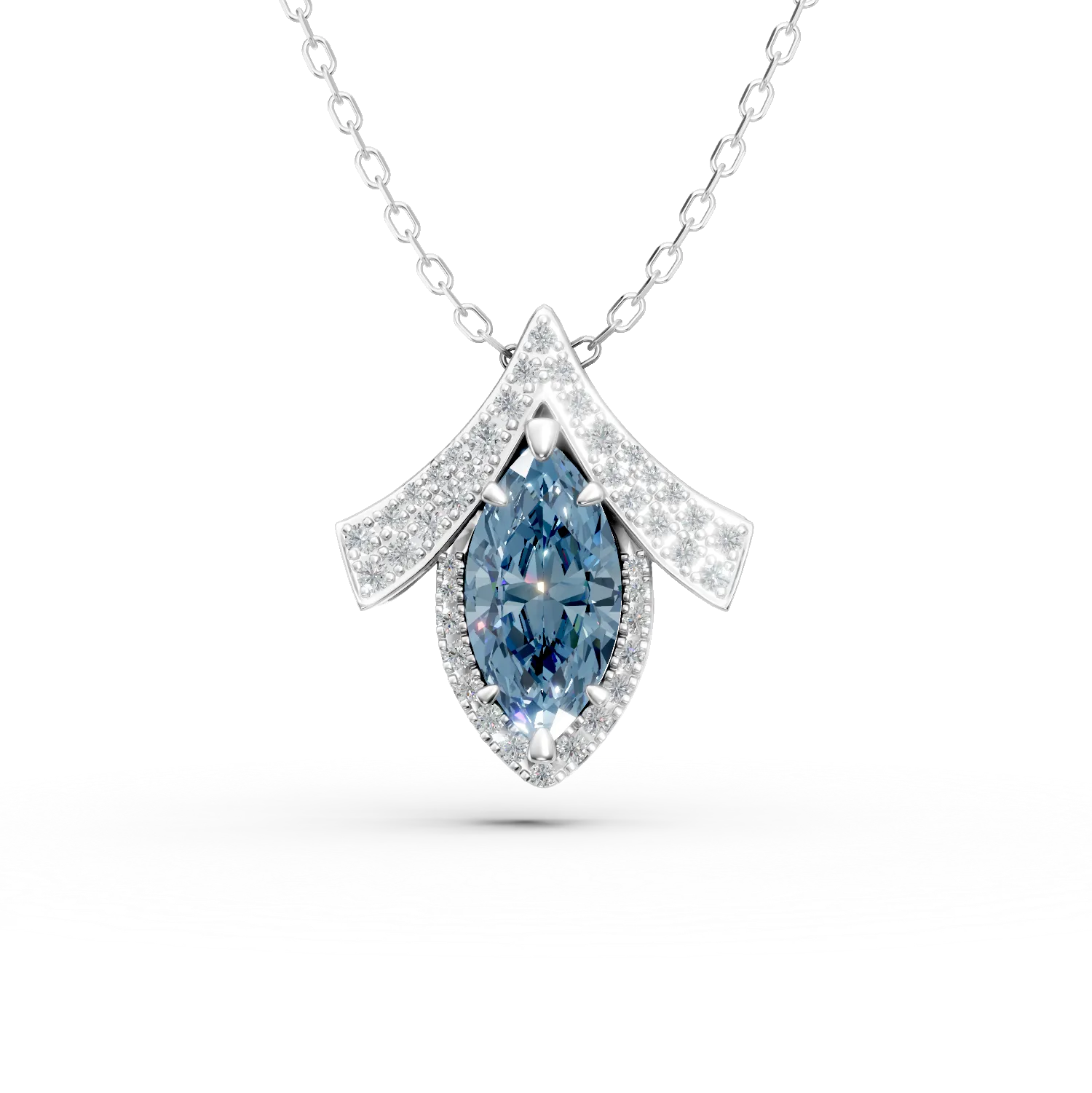 Lant cu pandantiv geometric din aur alb cu diamant fancy albastru marquise si diamante incolore de 2.4ct create in laborator
