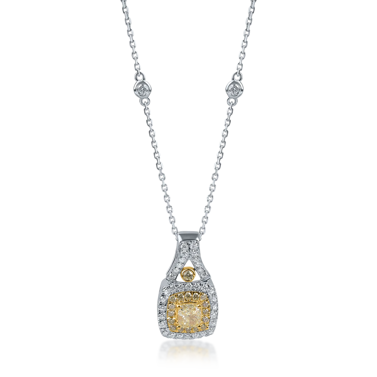 Lant cu pandantiv geometric din aur alb-galben cu diamante galbene si incolore de 0.76ct