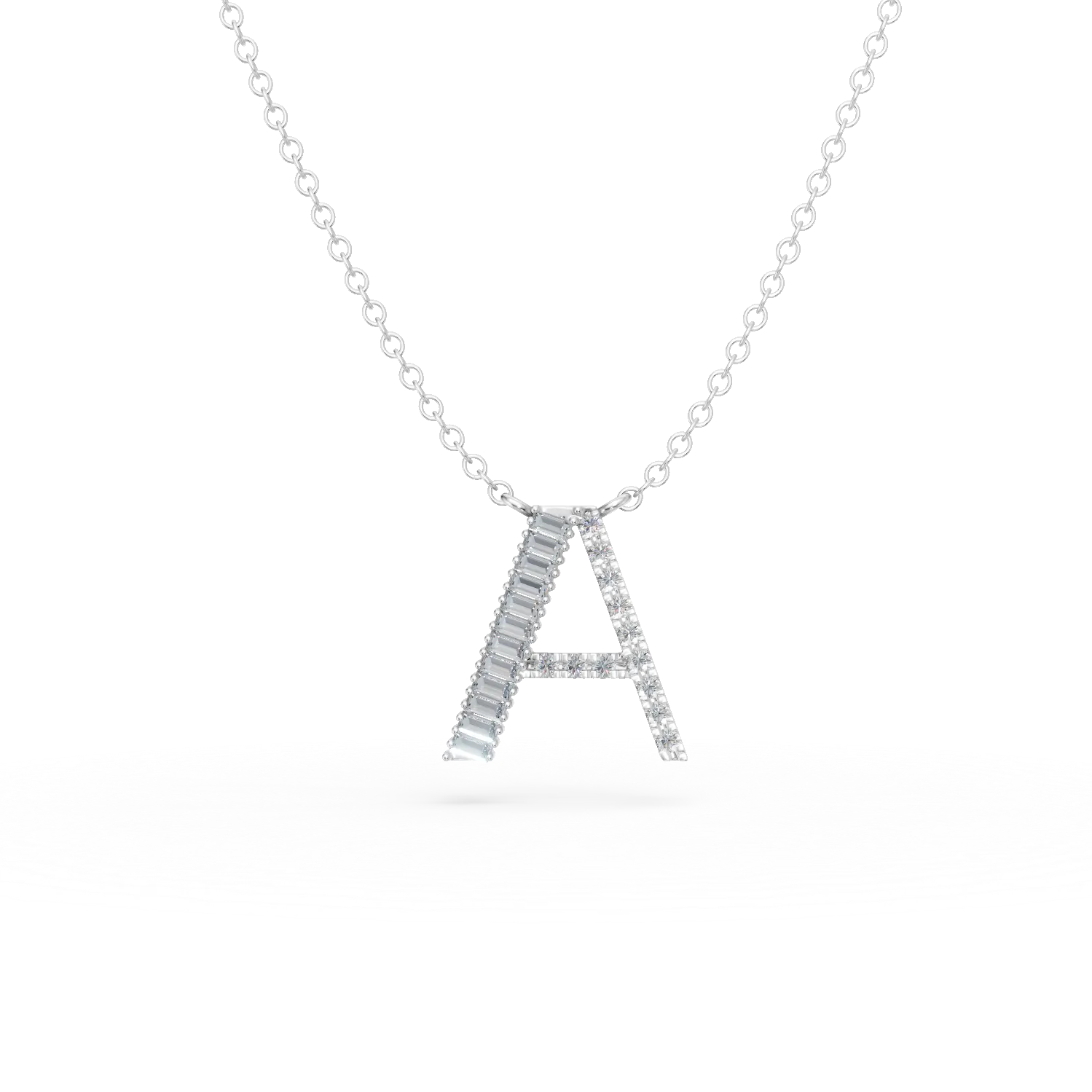 Lant cu pandantiv initiala A din aur alb cu diamante baguette si rotunde de 0.21ct