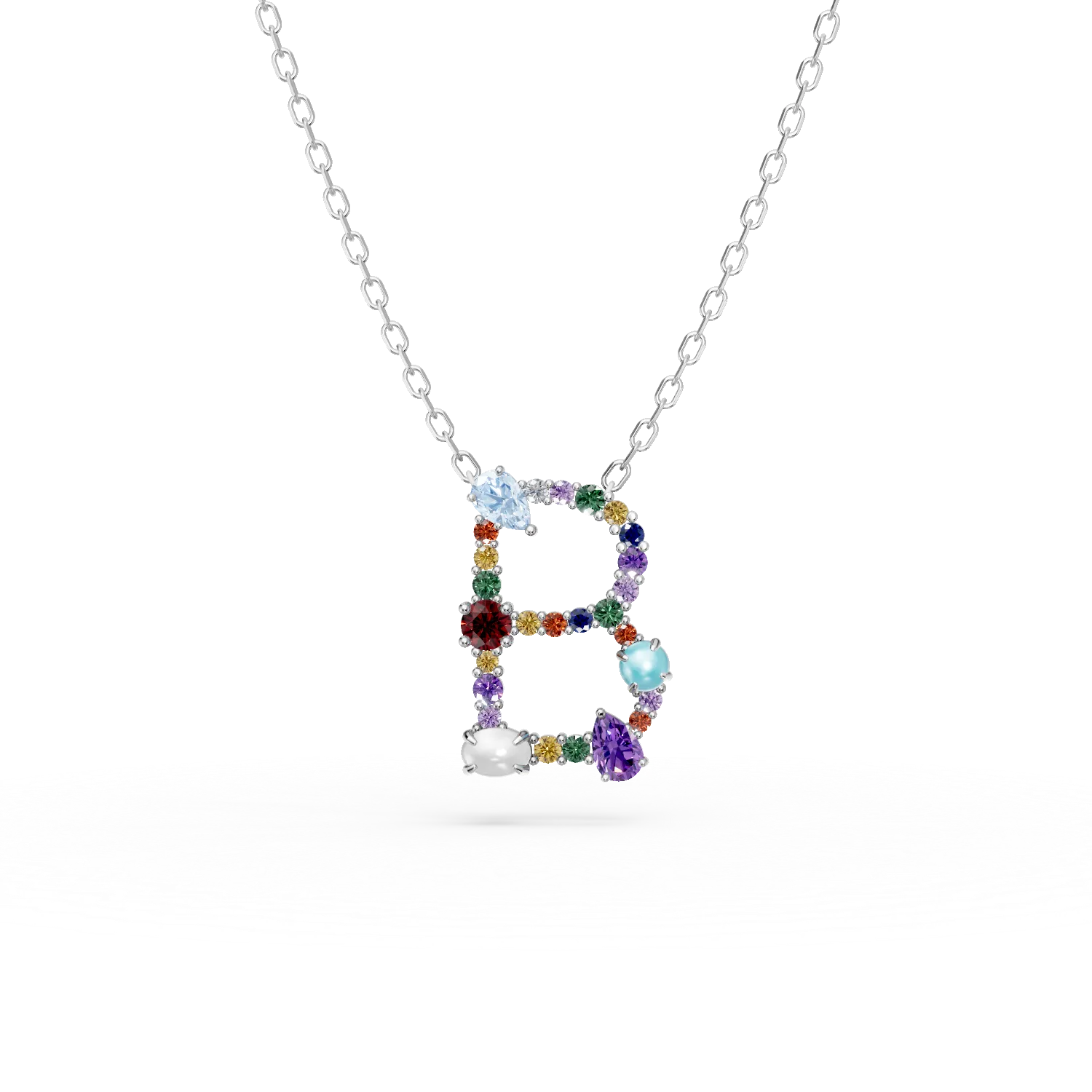 Lant cu pandantiv initiala B din aur alb cu pietre pretioase si semipretioase de 1.3ct 1 Lant cu pandantiv initiala B din aur alb cu pietre pretioase si semipretioase de 1.3ct