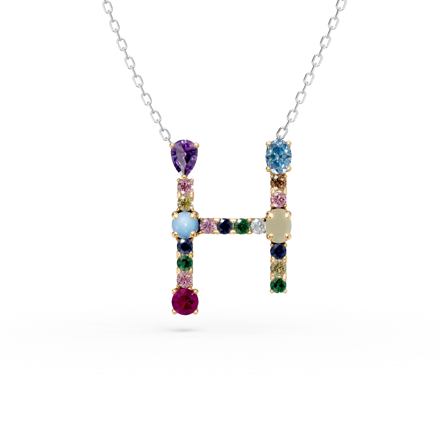 Lant cu pandantiv initiala H din aur alb cu pietre pretioase si semipretioase de 0.9ct