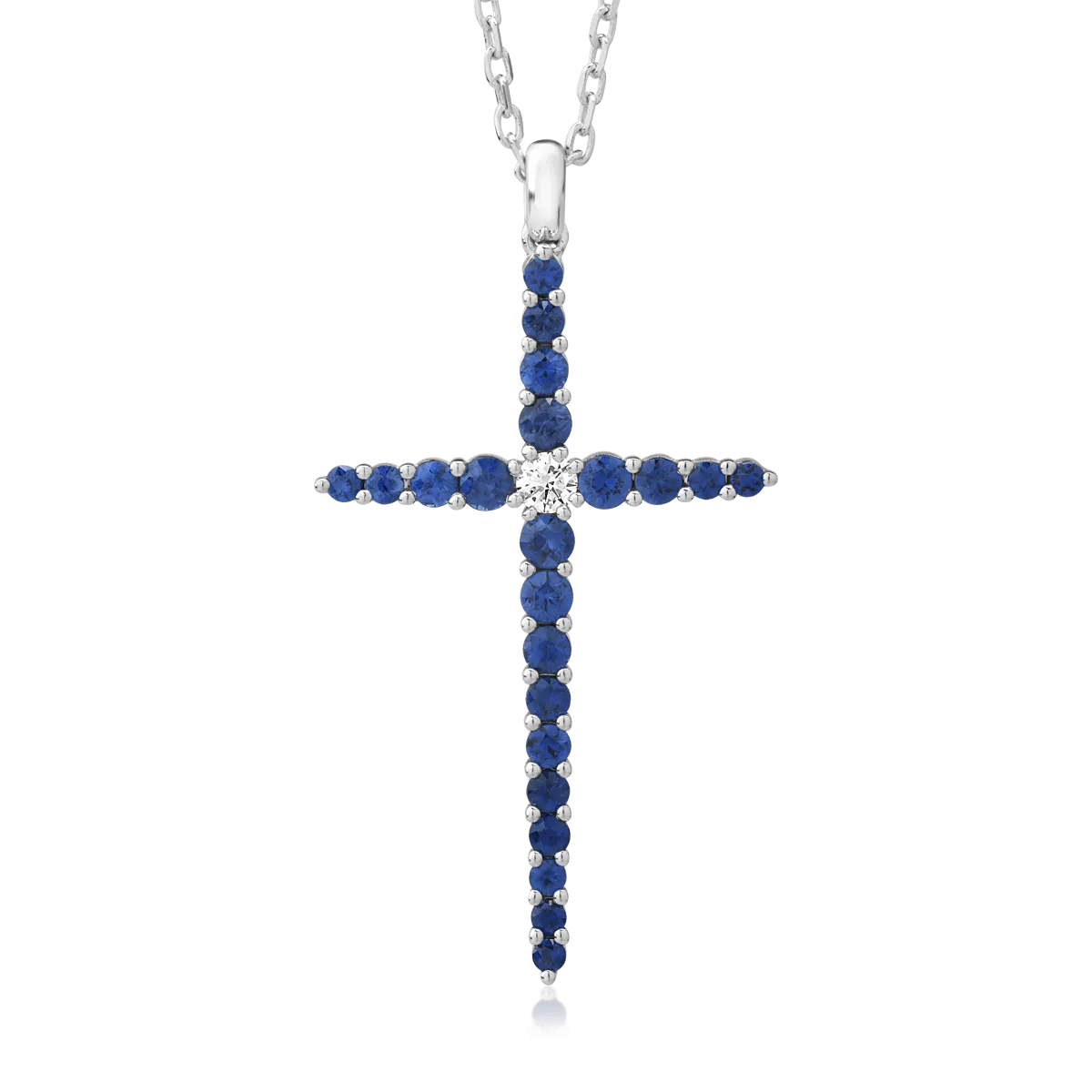 Lant cu pandantiv cruce din aur alb cu safire de 1.1ct si un diamant de 0.09ct