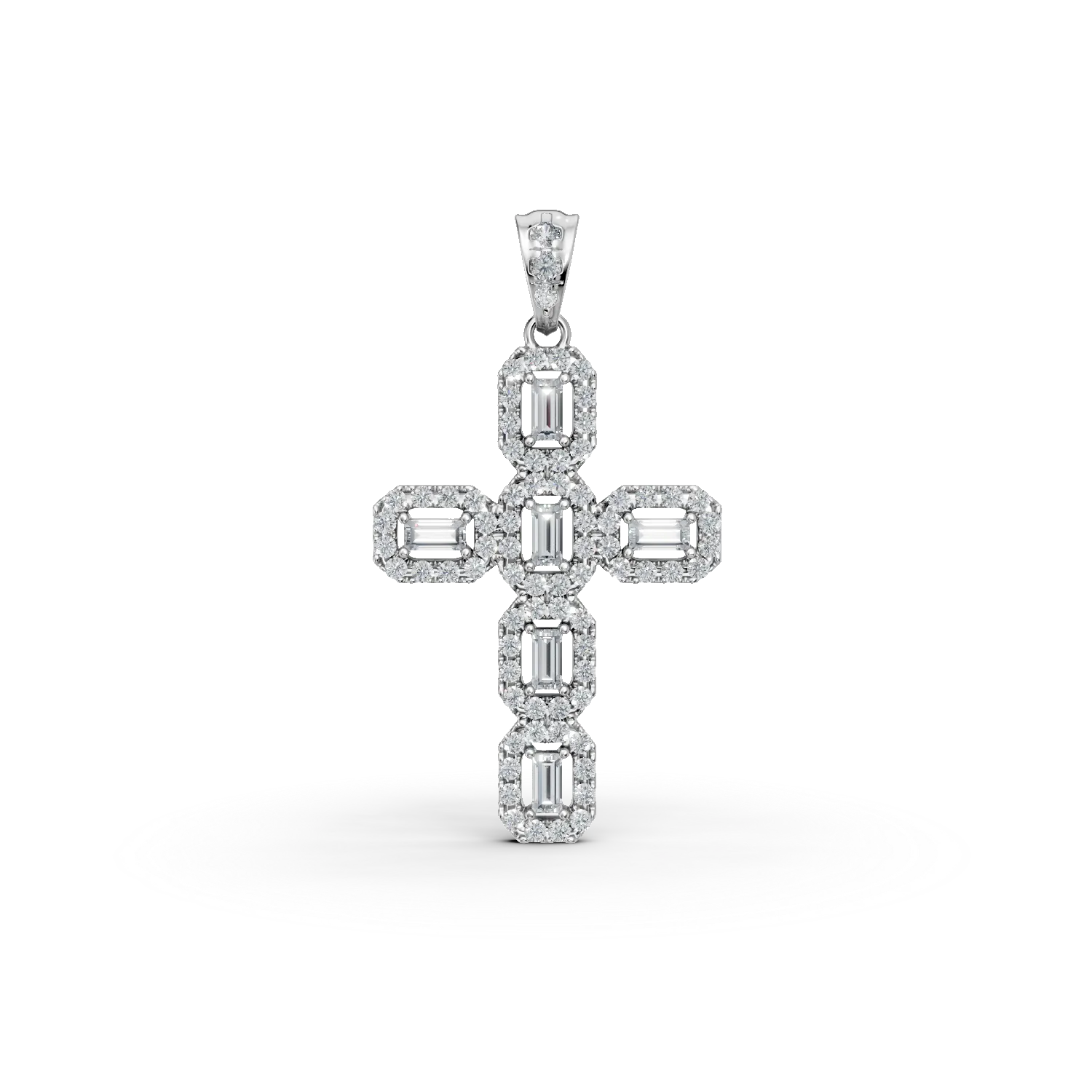 Pandantiv cruce din aur alb cu diamante baguette si rotunde de 0.5ct