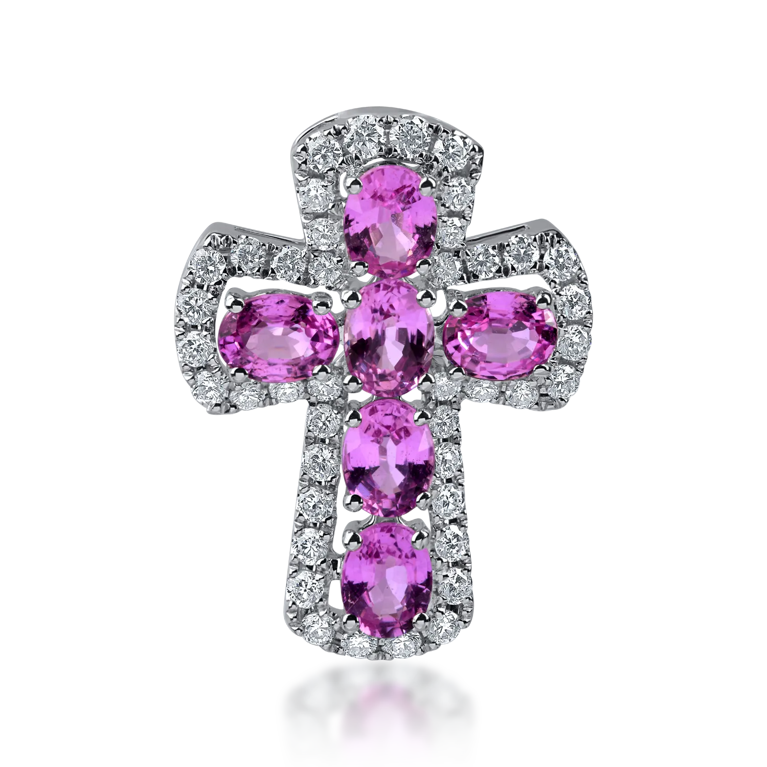 Pandantiv cruce din aur alb cu safire roz ovale de 1.45ct si diamante de 0.34ct