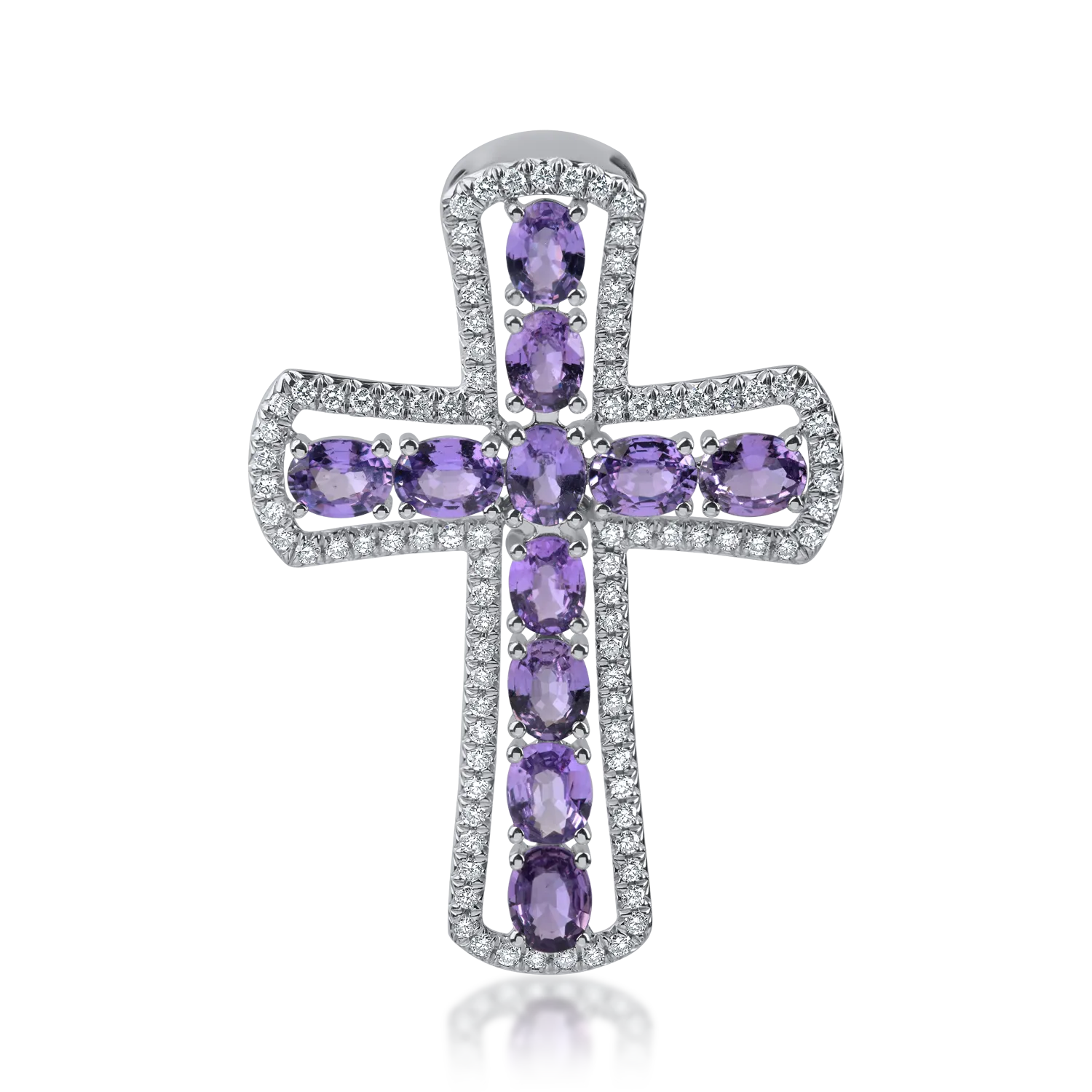 Pandantiv cruce din aur cu safire violet ovale de 2.19ct si diamante de 0.32ct