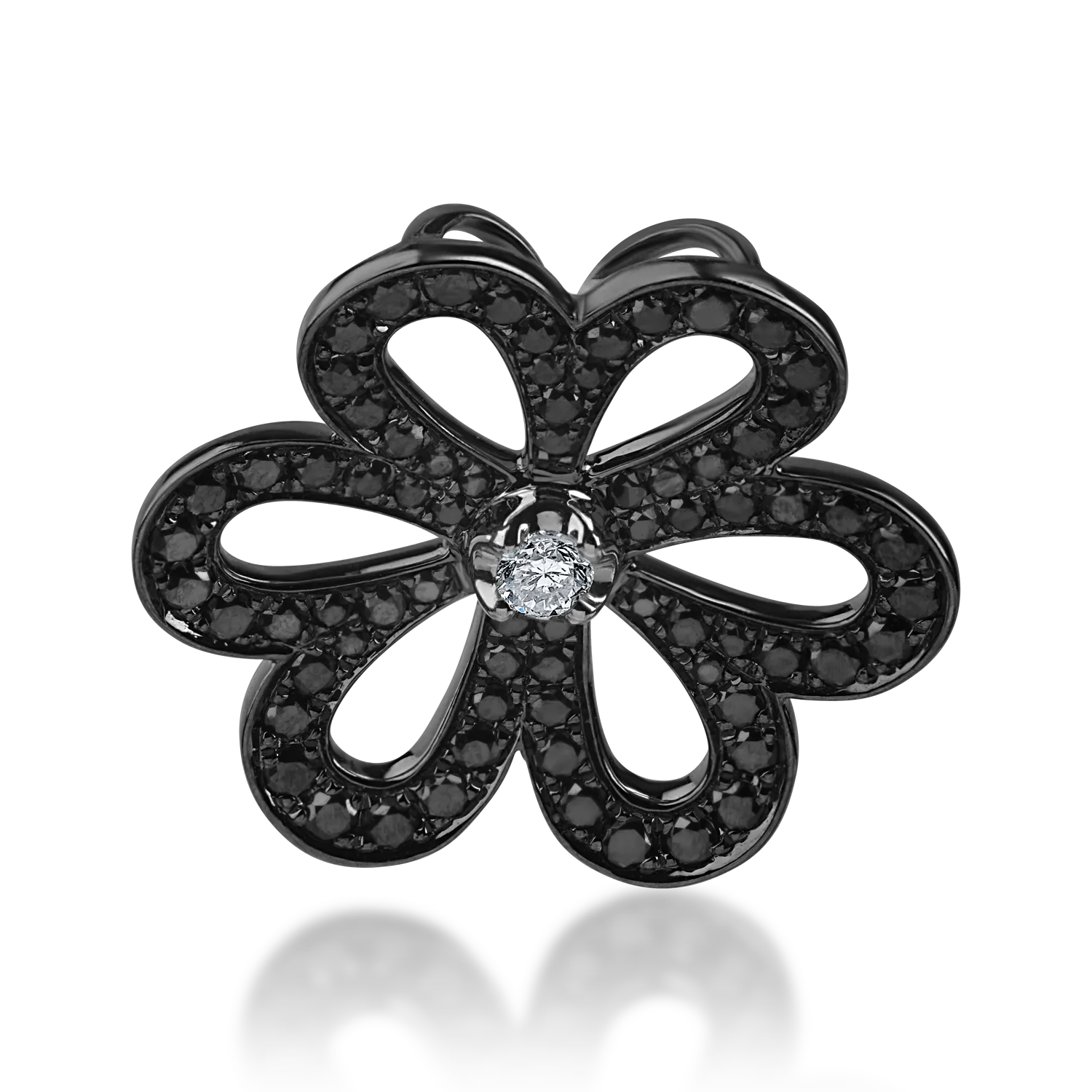 Pandantiv floral din aur alb negru cu un diamant incolor de 0.04ct si diamante negre 0.45ct