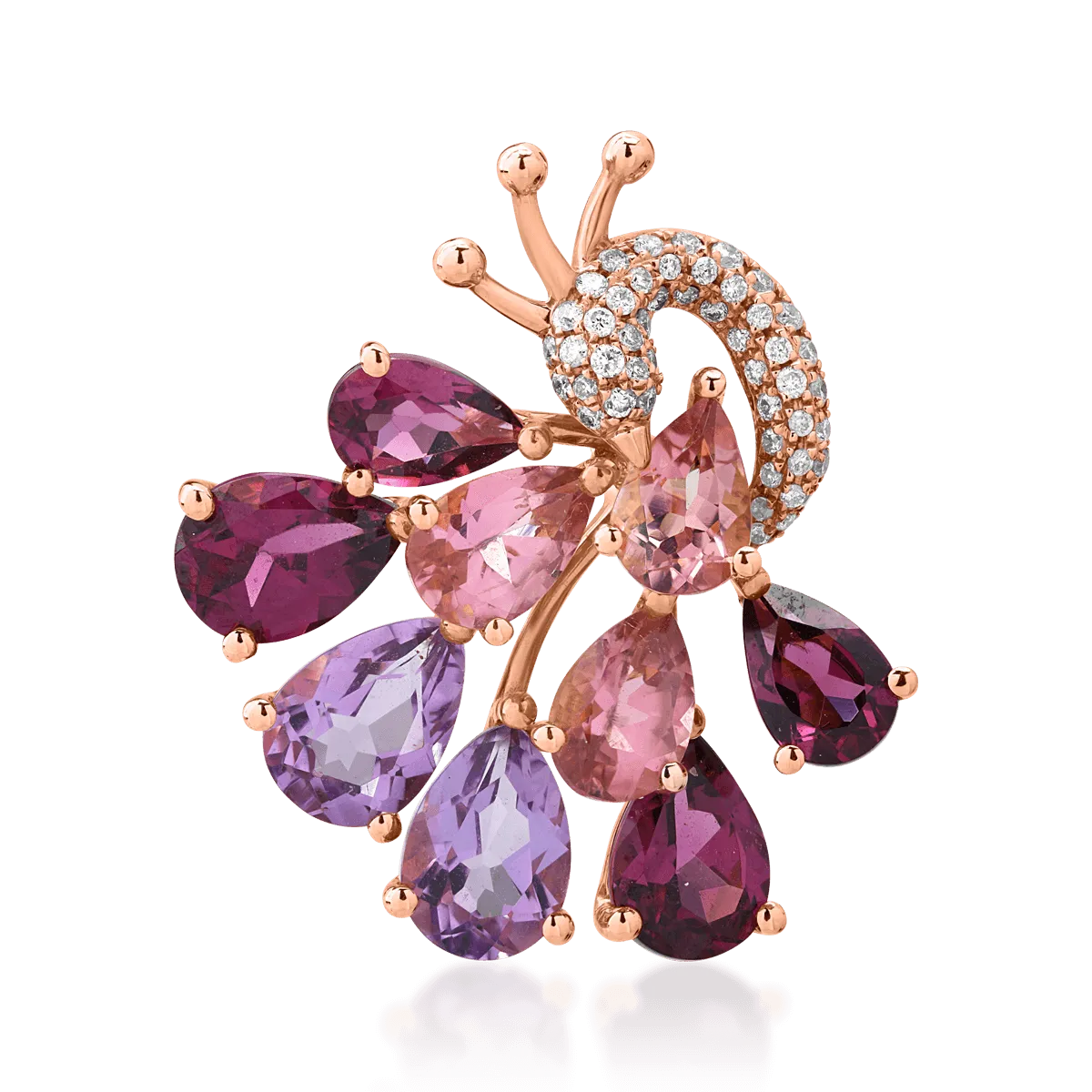 Pandantiv paun din aur roz cu pietre pretioase si semipretioase de 5.67ct